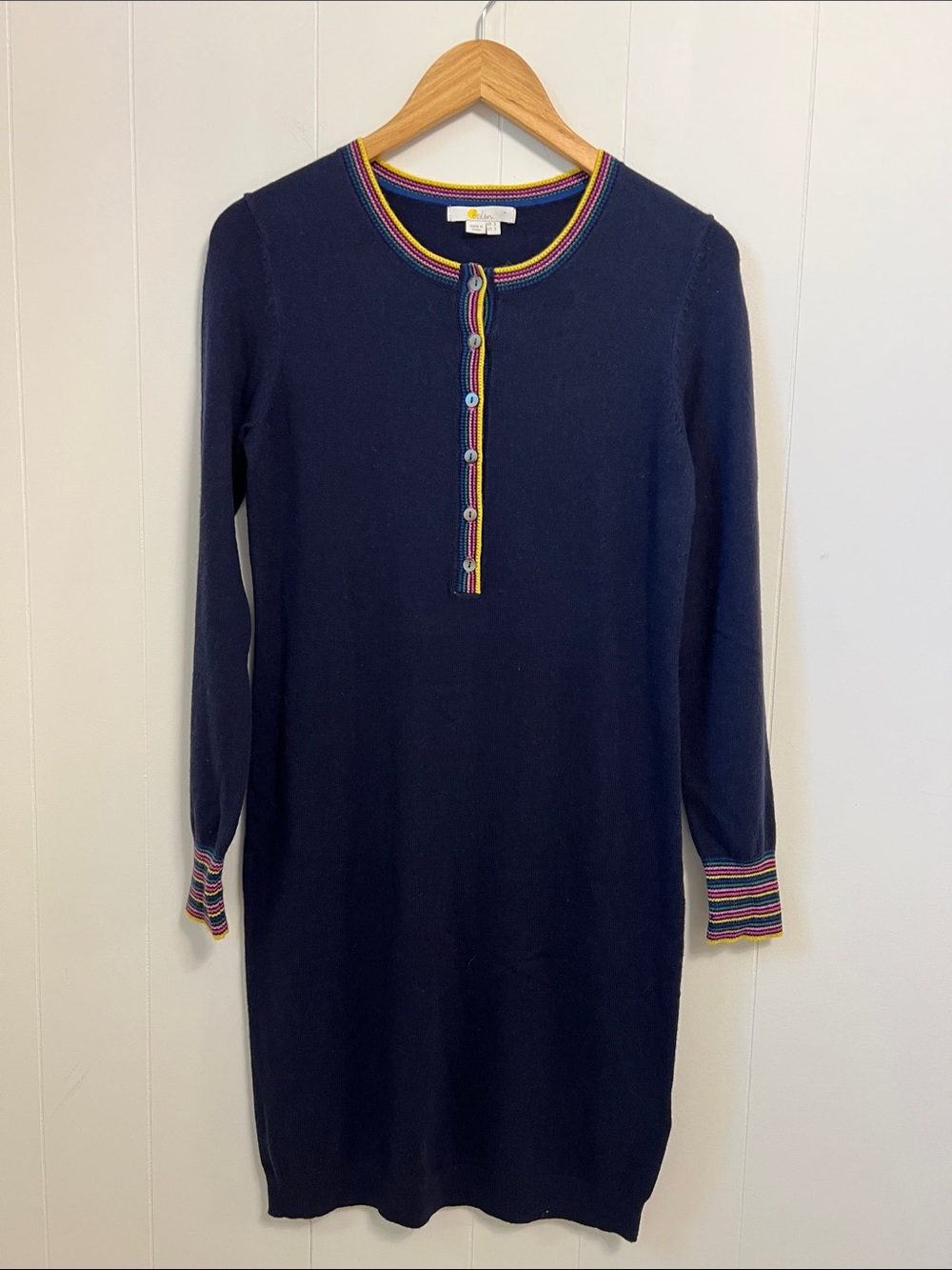 Boden Marlborough Henley Sweater Dress Navy Rainbow Stripe Wool Cashmere Blend 2